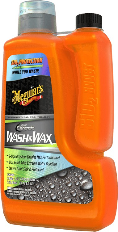 Flaska med Meguiar's Hybrid Ceramic Wash & Wax, 1,4 liter, orange förpackning.