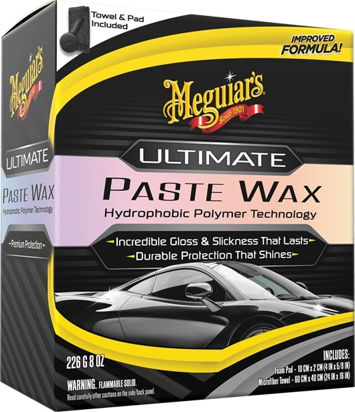 Förpackning av Meguiars Ultimate Paste Wax med information om produkten.