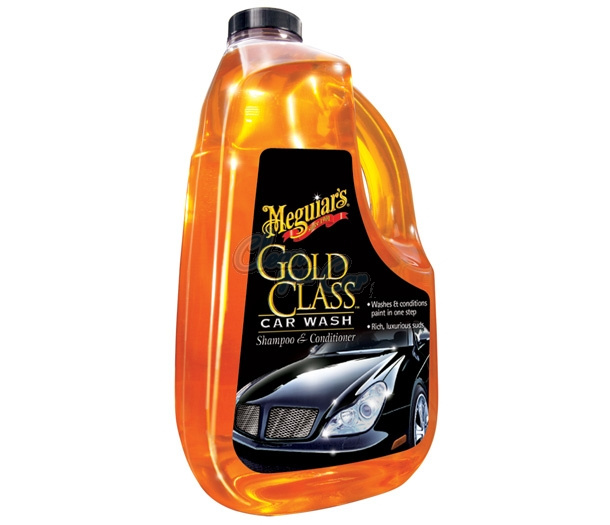 En flaska med Meguiars Gold Class Car Wash, 1,89 L, i orange färg.