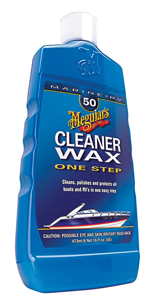 Blå flaska med Meguiars Marine Cleaner Wax för båtar och husvagnar.