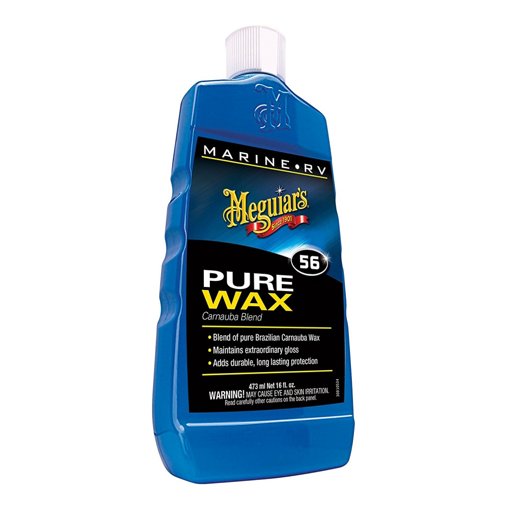 Flaska med Meguiars Marine Pure Wax, blå färg och svart etikett.