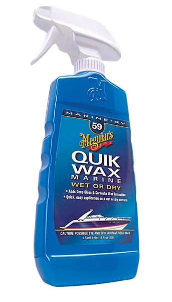 Blå sprayflaska med Meguiar's Marine Quik Wax för enkel vaxning av båt.
