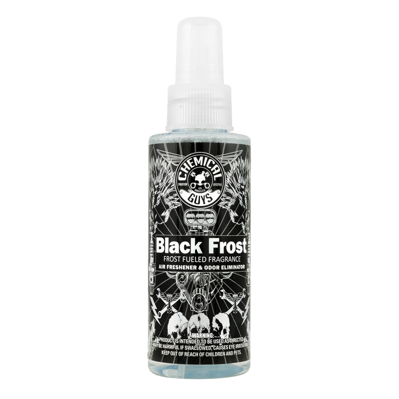 Svart sprayflaska med etikett för Chemical Guys Black Frost doft, 118 ml.