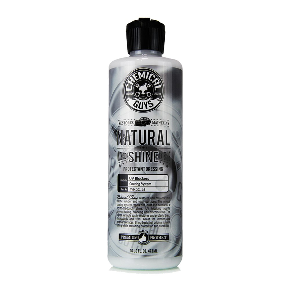 Flaska med Chemical Guys Natural Shine, 473 ml, för inredningsskydd och glans.