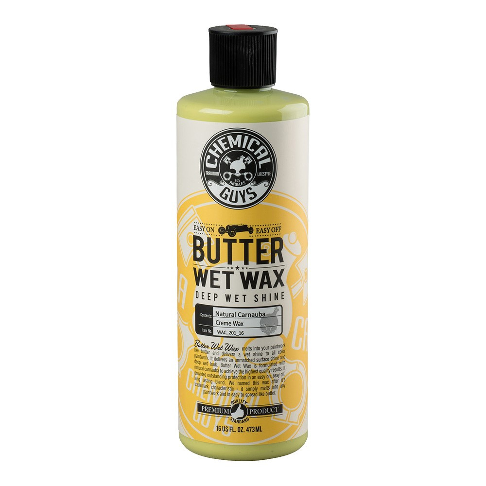 Flaska med Chemical Guys Butter Wet Wax för djup glans och skydd. 473 ml.
