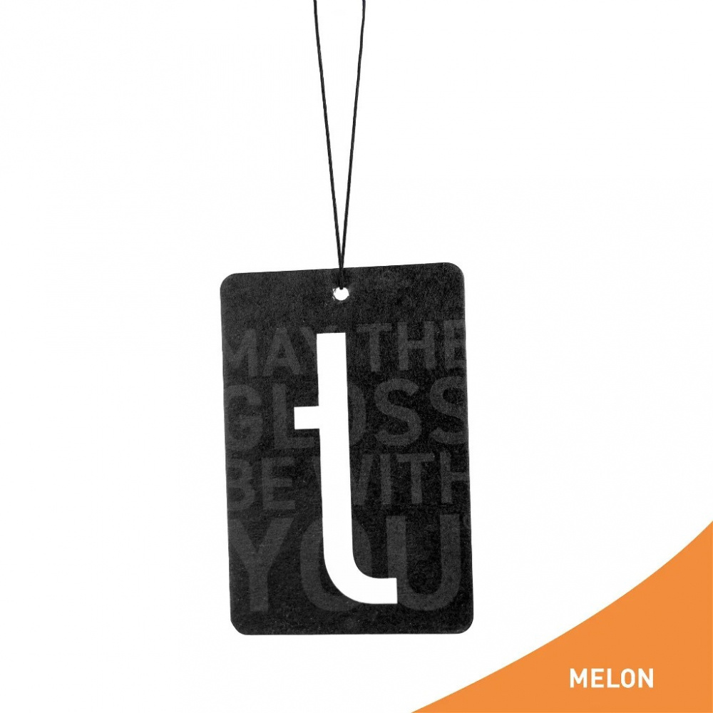 Luftrenare med melondoft, svart design med text och orange hörn.