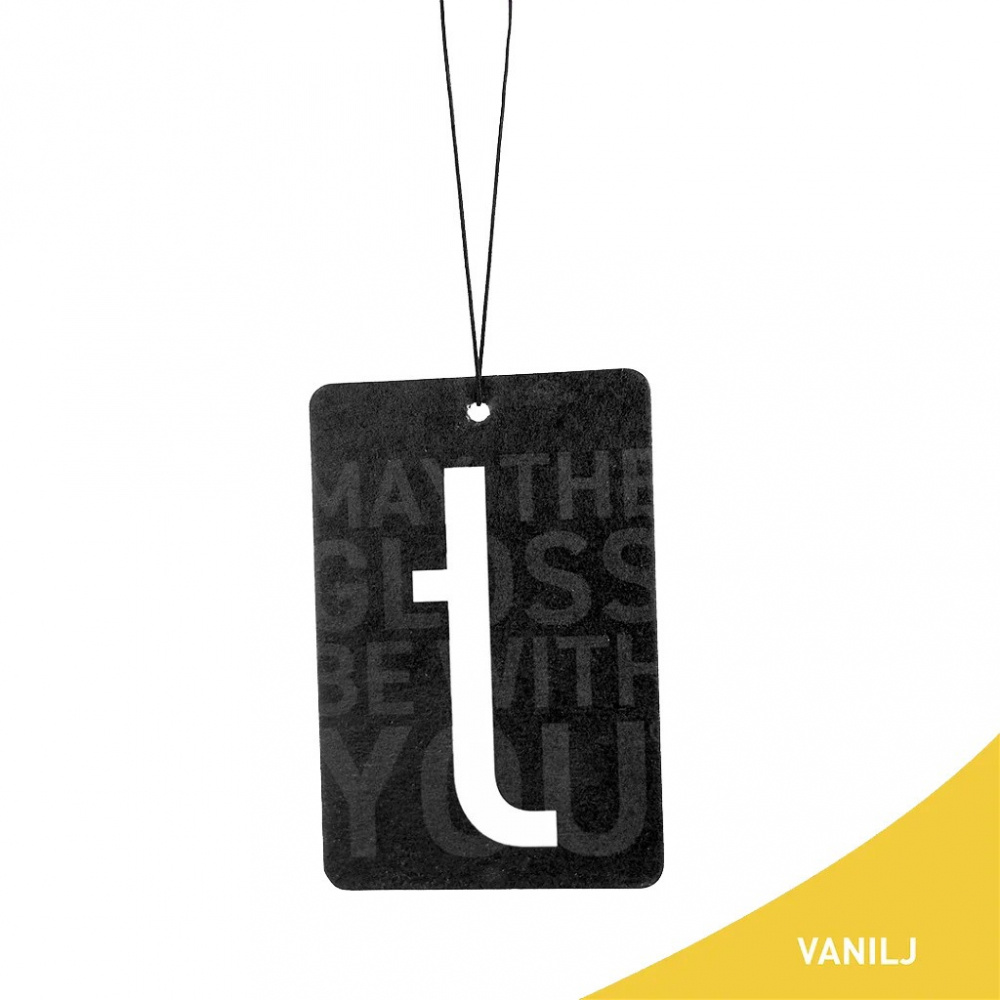 Luftfräschare med vaniljdoft och svart design.