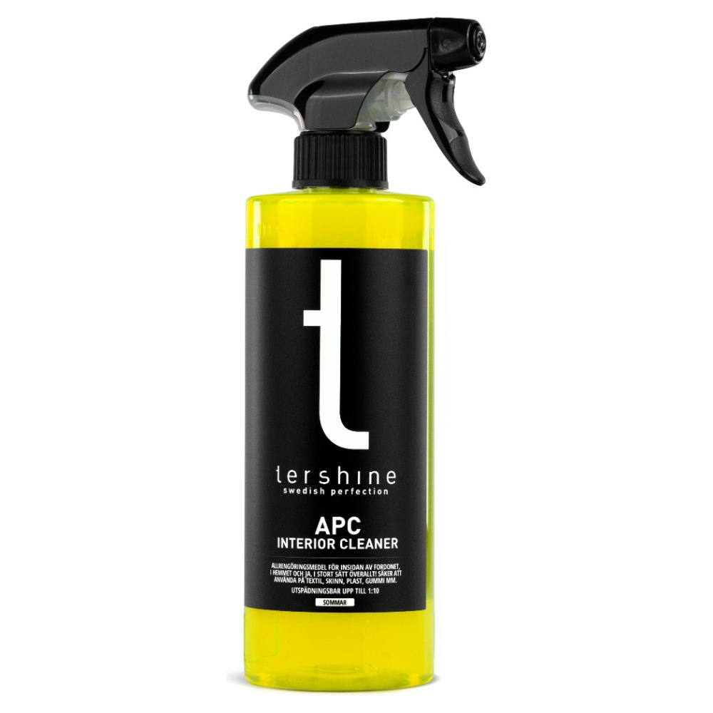 Flaska med spray, gul vätska, etikett för Tershine APC Interior Cleaner.
