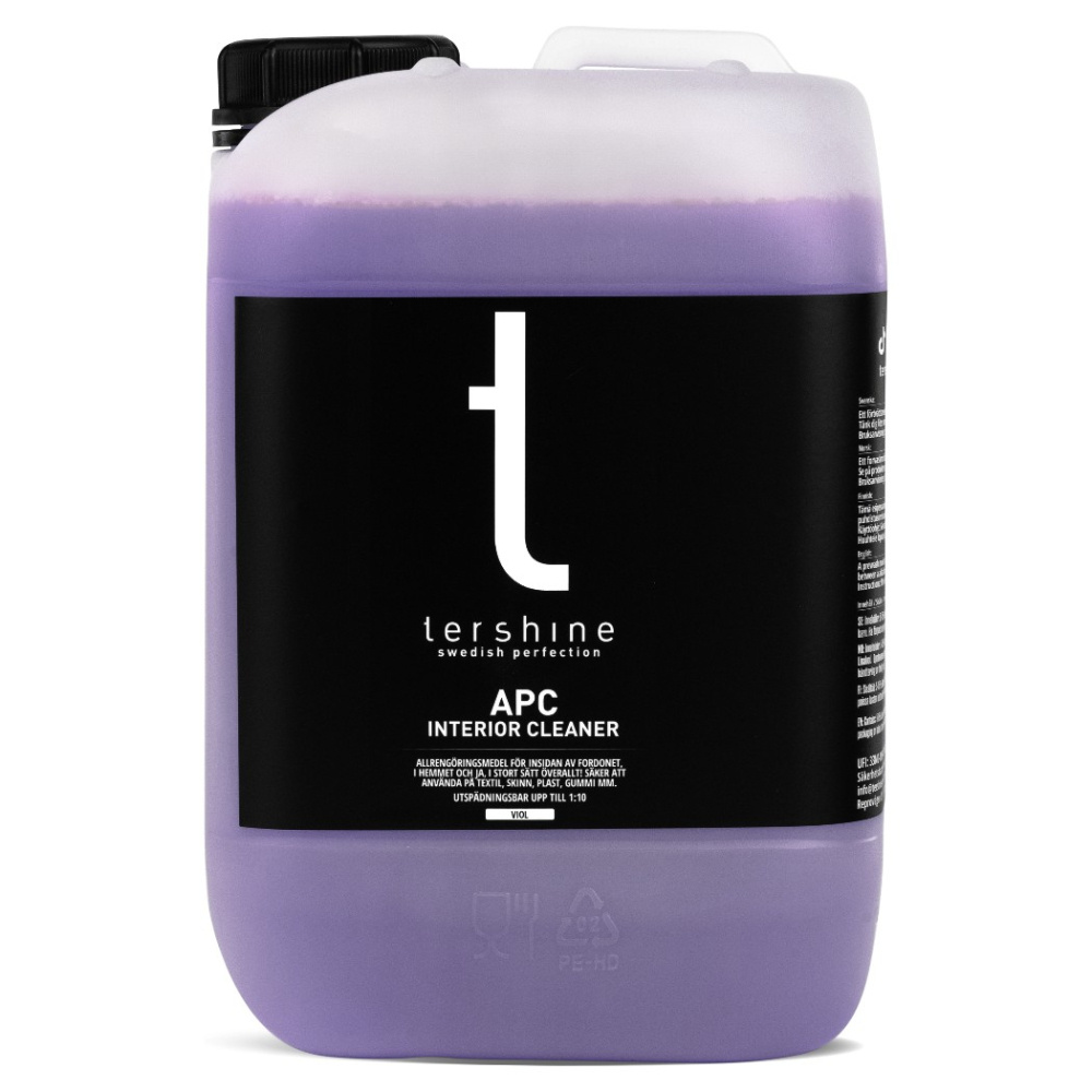 En 5 liters behållare av Tershine APC, en violfärgad allrengöring för interiör.
