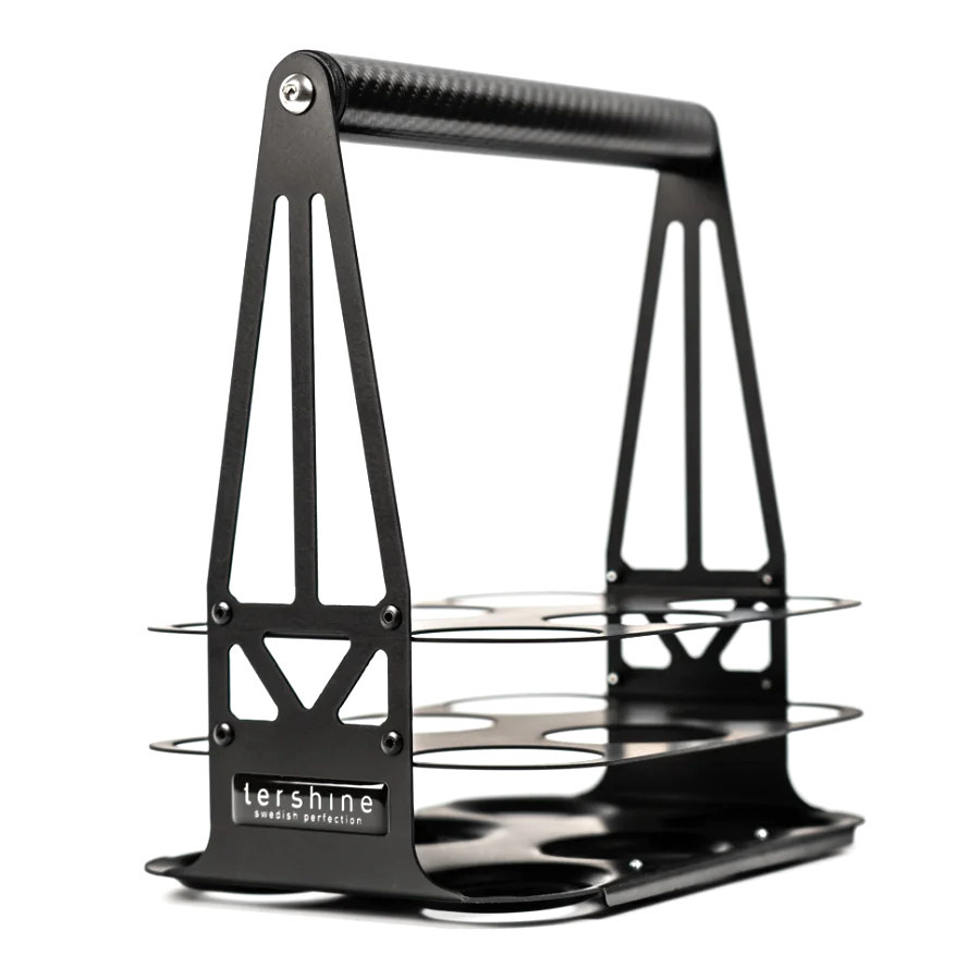 En svart hållare för sex flaskor, stilren design och stabil konstruktion.