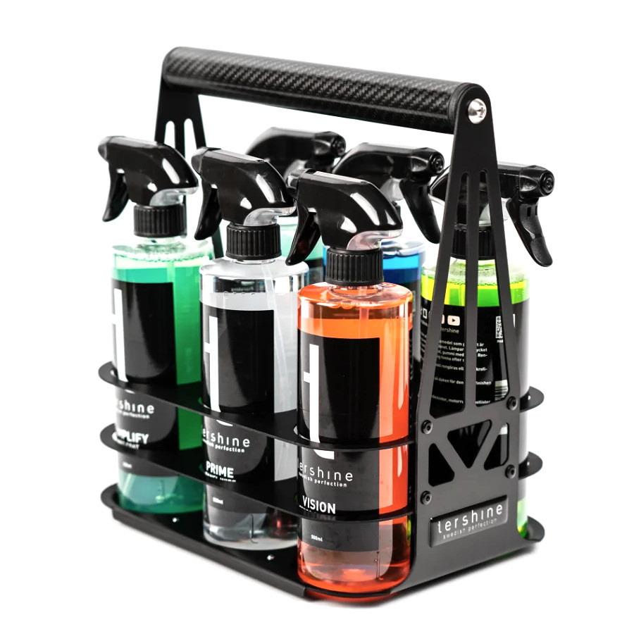 En hållare för 6 flaskor med spraymunstycken, stilren och praktisk design.