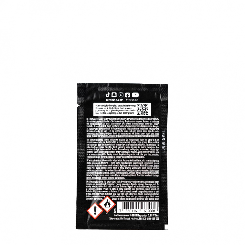 Produktförpackning med information och säkerhetsvarningar för glasförsegling.