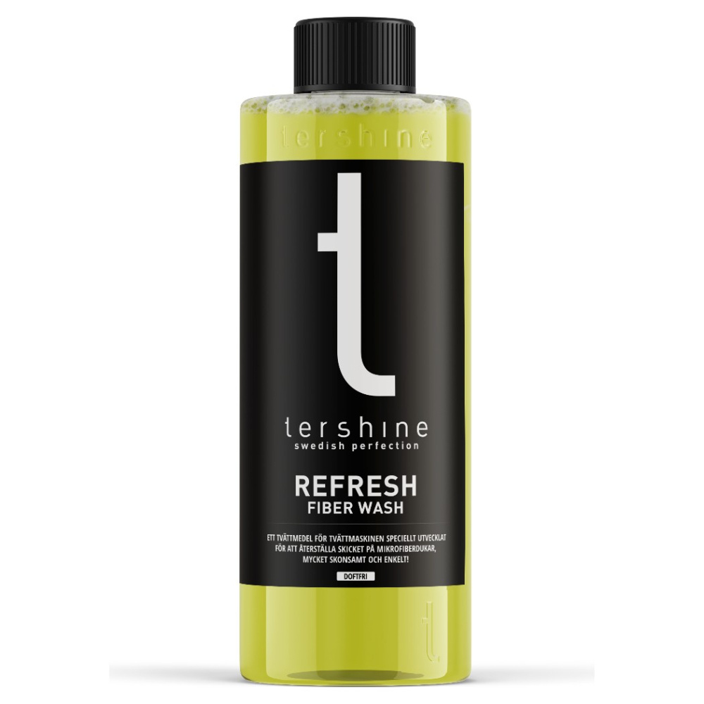 Flaska med Tershine Refresh - Fiber Wash, 500 ml, gul vätska och svart etikett.