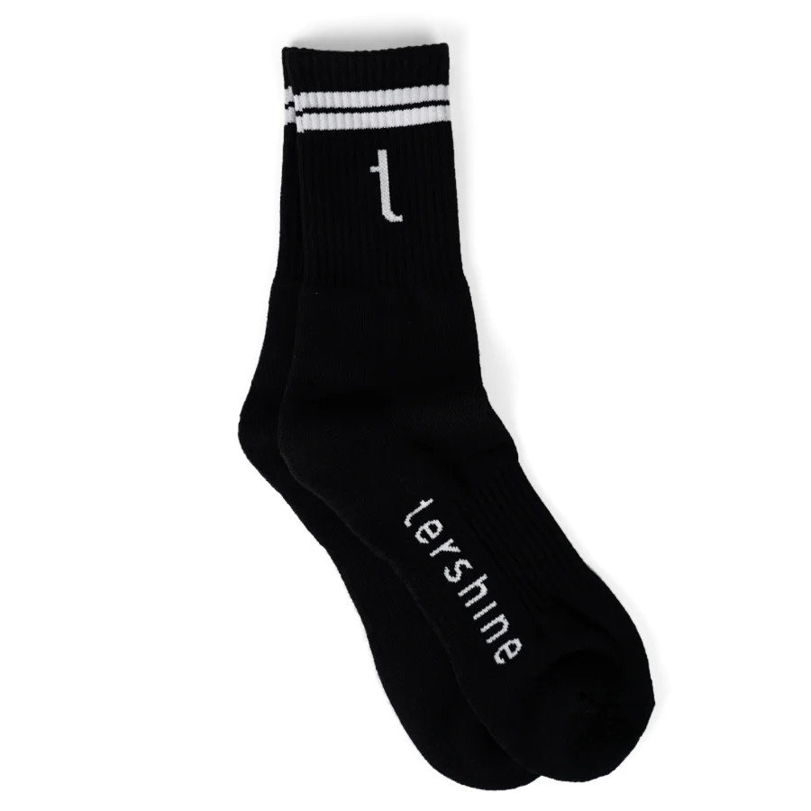 Svarta strumpor med vita ränder och Tershine-logotyp. Storlek 46-48.