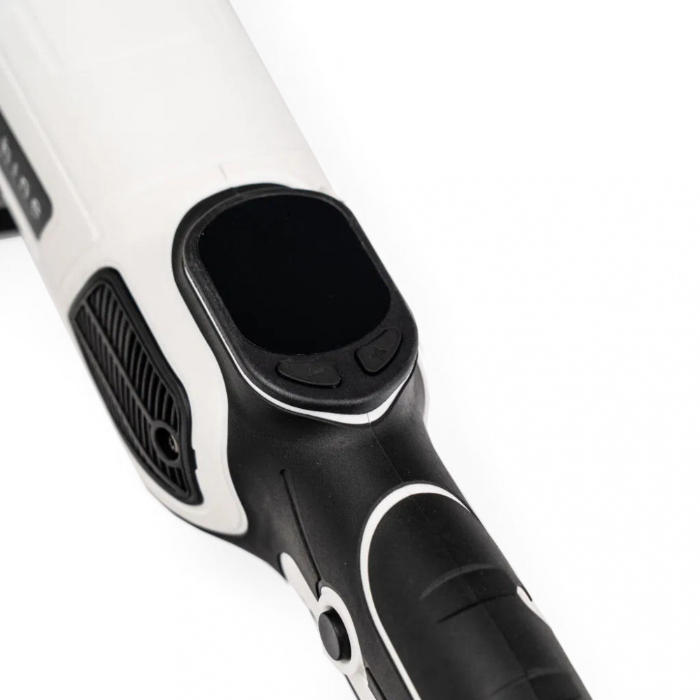 En del av en polermaskin med kontroller och ergonomisk design.