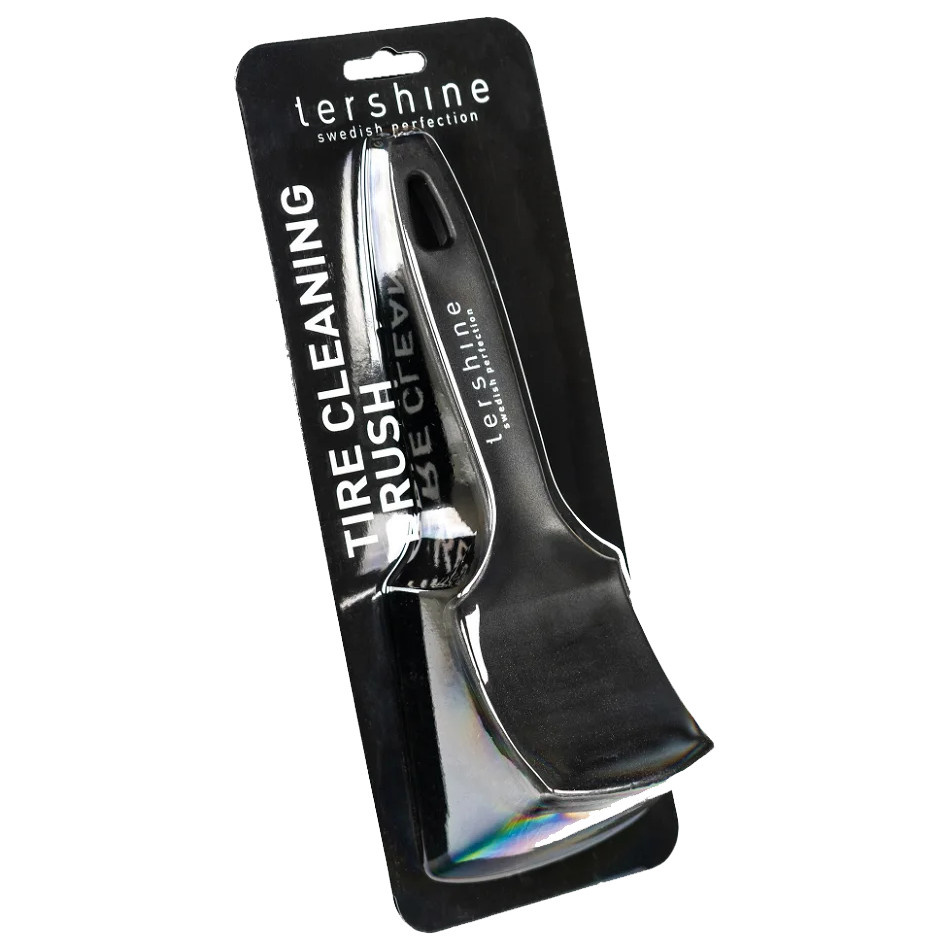 En däckborste med ergonomiskt handtag och borsthuvud, för rengöring av däck.
