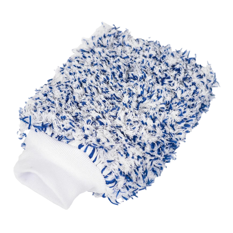 Tvätthandske i blått och vitt, fluffig yta för rengöring.