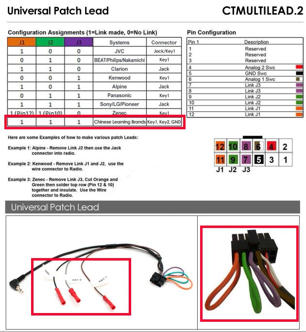 Kabelanslutningar för bilstereo med olika pin-konfigurationer.