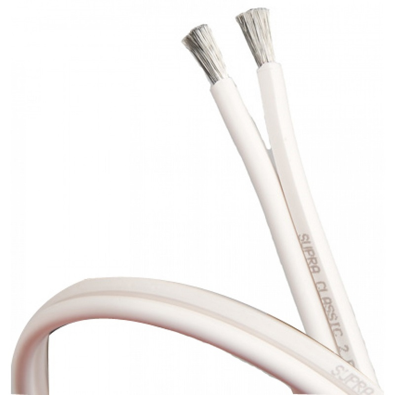 Högtalarkabel med vit isolering och två trådar för anslutning.