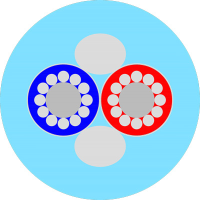 Kabeldesign med blå och röd isolering, flera ledare synliga.