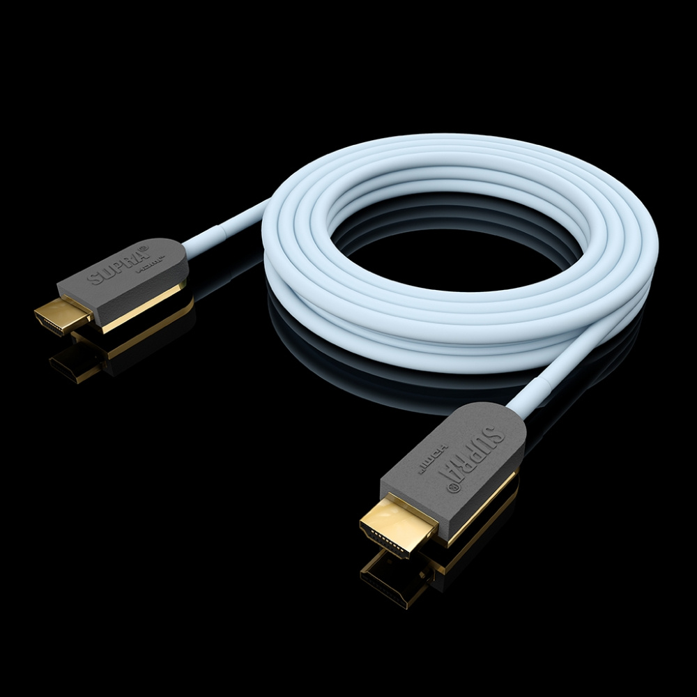 HDMI-kabel med fiberoptik, blålila, två kontakter i guld.