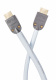SUPRA HDMI HD5 A/V En HDMI-kabel med metalliska kontakter och en ljusblå sladd.