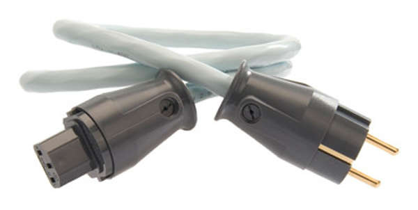 Strömkabel med kontakt i grått och svart, för elektriska apparater.