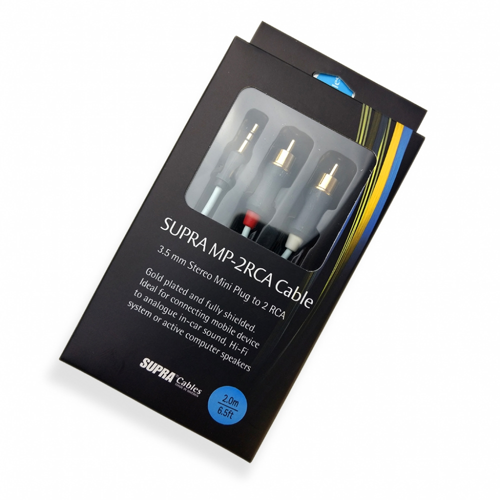 Kabel med 3,5 mm stereo minikontakt till 2 RCA, 2 meter lång.