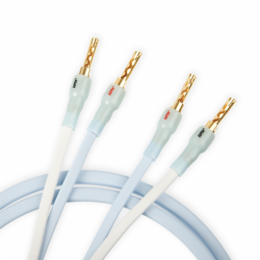 Högtalarkabel Supra Ply 2.0 Combicon, vit, 2x3 meter, med guldpläterade kontakter.