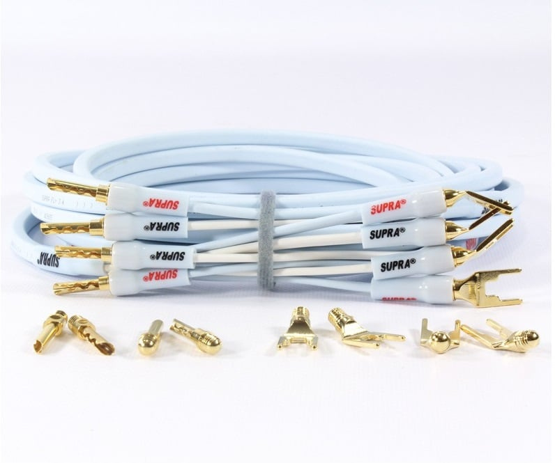 Högtalarkabel 2x3 meter, vit med guldpläterade kontakter och anslutningar.