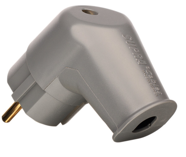 Vinklad stickpropp i grå plast med guldpläterade stift.