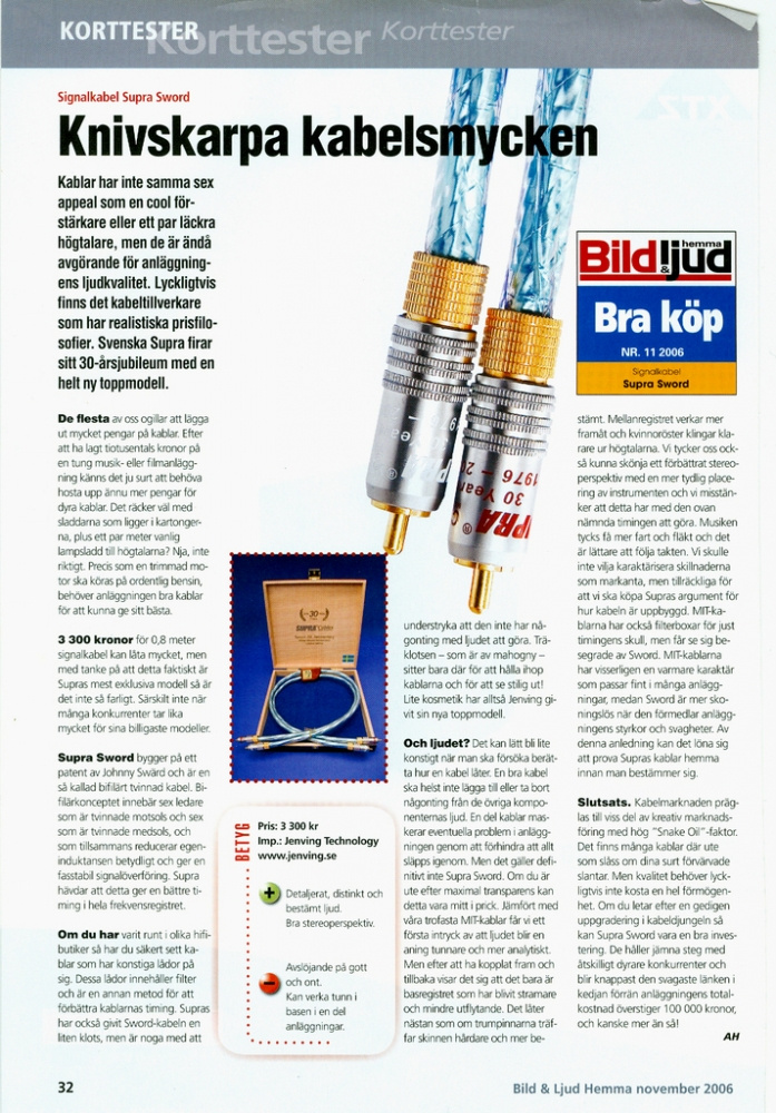 Uppslagsartikel om Supra Sword-ISL RCA-signalkabel med recension och betyg.