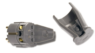 En grå rak stickpropp med två delar, kontaktdelar synliga.