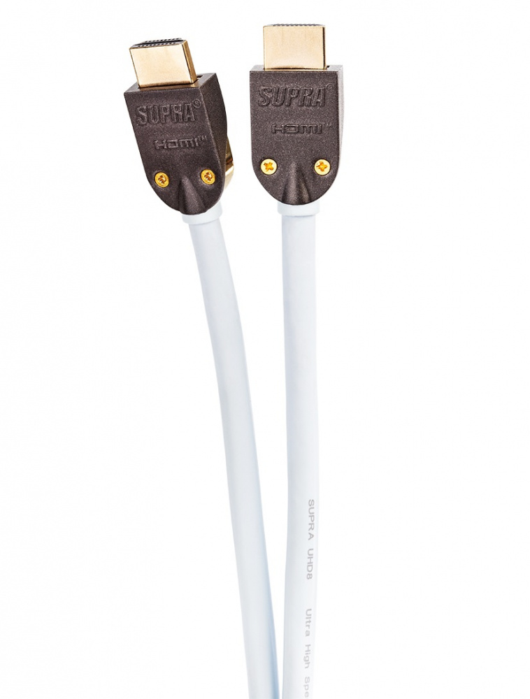 HDMI-kabel med två guldpläterade kontakter, vit färg och hög kvalitetskonstruktion.