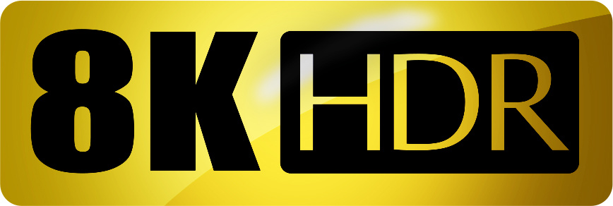 8K HDR-logotyp på gul bakgrund.