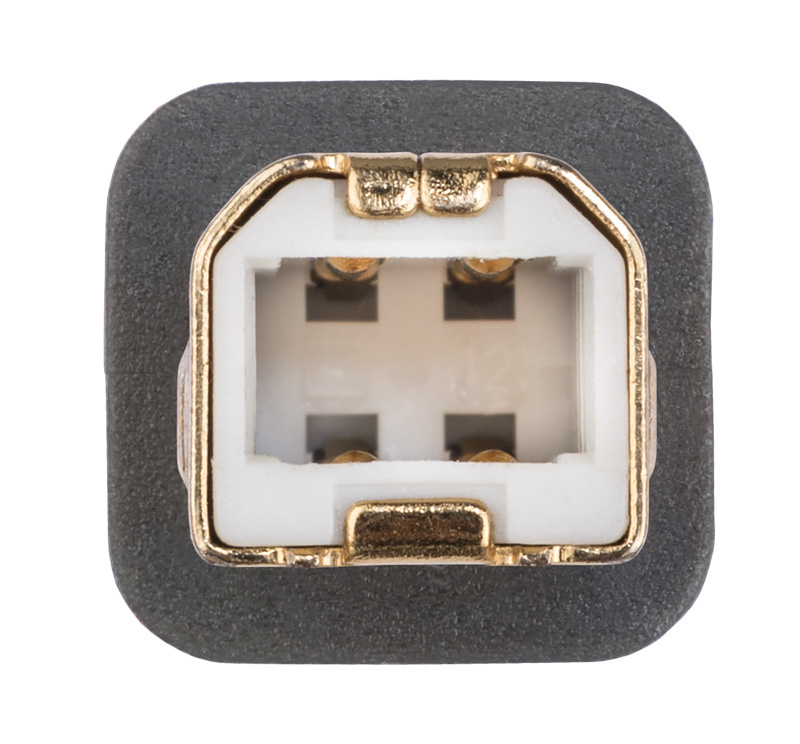 En USB 2.0 A-B kontakt med fyrkantig form och metallanslutningar.