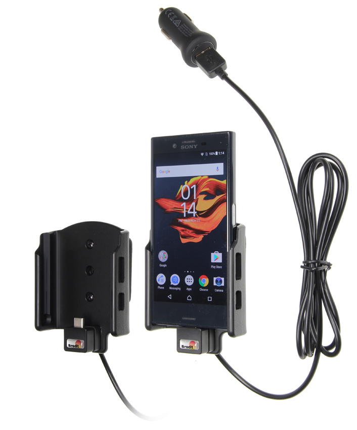 Aktiv hållare för Sony Xperia X Compact med USB-kabel och kulled.