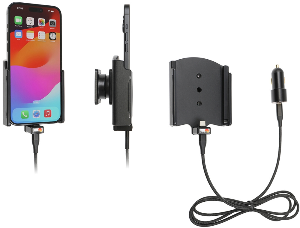 Brodit Aktiv hållare med USB-kabel och cigg-adapter, Apple iPhone 15 Plus 