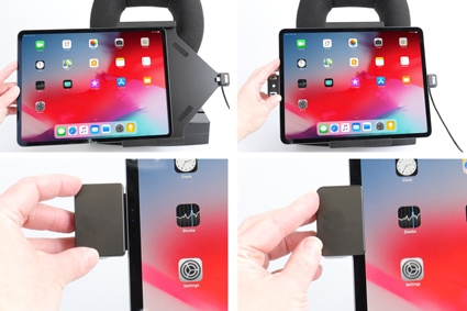 Brodit Hållare med fjäder-lås, Apple iPad Air 13 2024  (A2898, A2899, A2900)/Air 13 2025 M3 (A3268, A3268, A2371)/Pro 12,9 2018 (A1876, A1895, A1983, A2014)/Pro 12.9 2020 (A2069, A2232, A2229)/Pro 12.9 5th Gen 2021 (A2378, A2379, A2461)/Pro 12.9 6th Gen 2