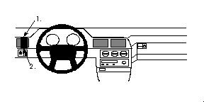 Illustration av bilens interiör med ratt och instrumentpanel.