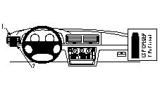 Instrumentbräda med ratt, kontroller och varningsskylt.