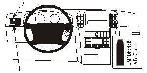 Instrumentpanel med ratt, kontroller och facköppnare.