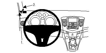 Illustration av interiören i en Chevrolet Cruze 09-14, med fokus på ratt och instrumentbräda.