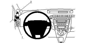 En schematisk bild av interiören i en Toyota Prius 10-15, med fokus på ratt och kontrollpanel.