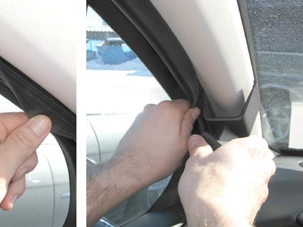 Händer som justerar eller fäster en tätning vid ratten i en Citroen C3.