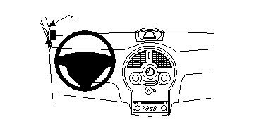 Illustration av bilens interiör med ratten och instrumentpanelen.