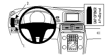 Illustration av instrumentbräda för Volvo V40 13-15 med fokusering på ratt och kontroller.