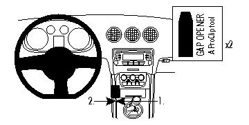 Diagram som visar konsolen på vänster sida av Audi TT 07-14 med verktyg.