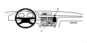 En skiss av bilens interiör med ratt och instrumentpanel.