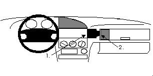 Instrumentpanel med ratt, kontroller och förvaringsutrymme.